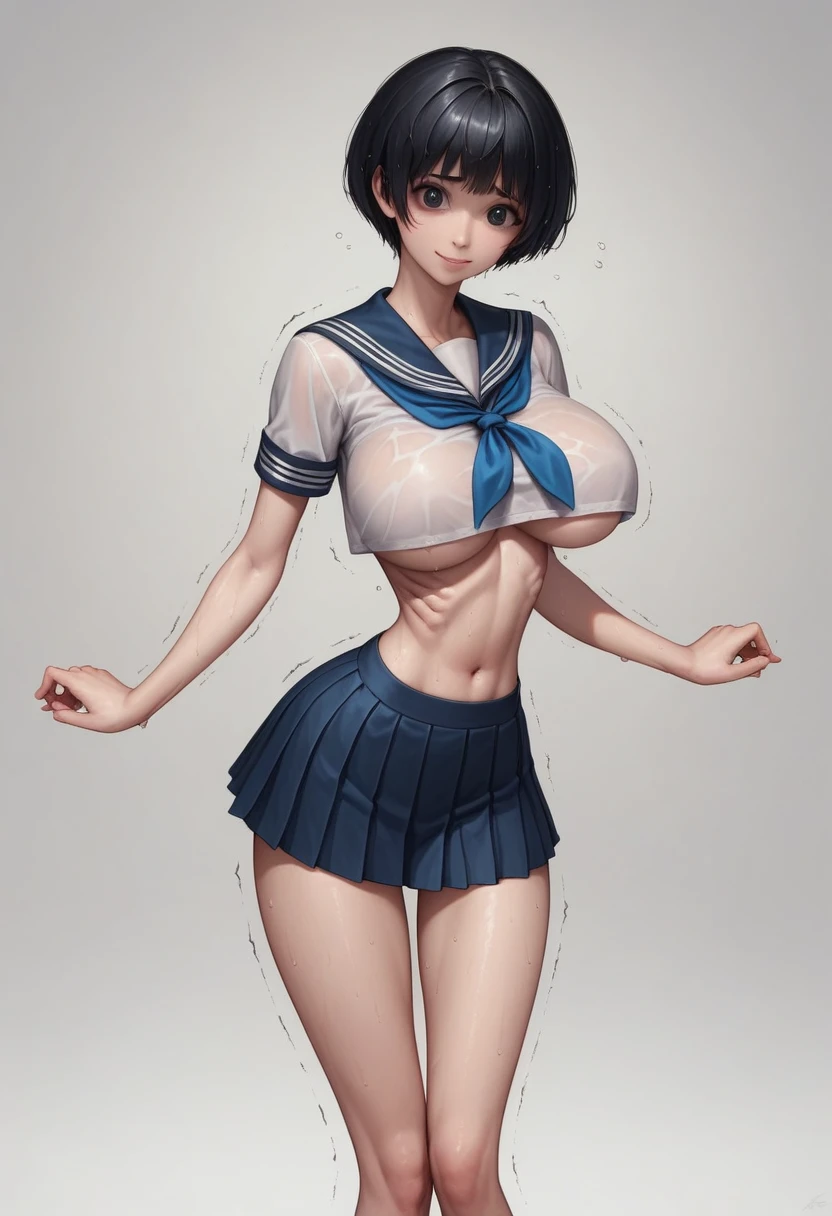 (masterpiece, best quality:1.2), Realistic photo, front shot, beautiful thin 1girl, (super big breasts, micro waist, very long legs:1.4), Black hair, short bob hair, (Extremely skinny), short height, Light Skin, cute big eyes, Small Mouth, cute beautiful thin face, forced smile, serafuku, mini skirt, Arched back, pigeon-toed, Embarrassing pose, Long and thin navel, (beautiful visible ribs), wet and sweaty, Trembling