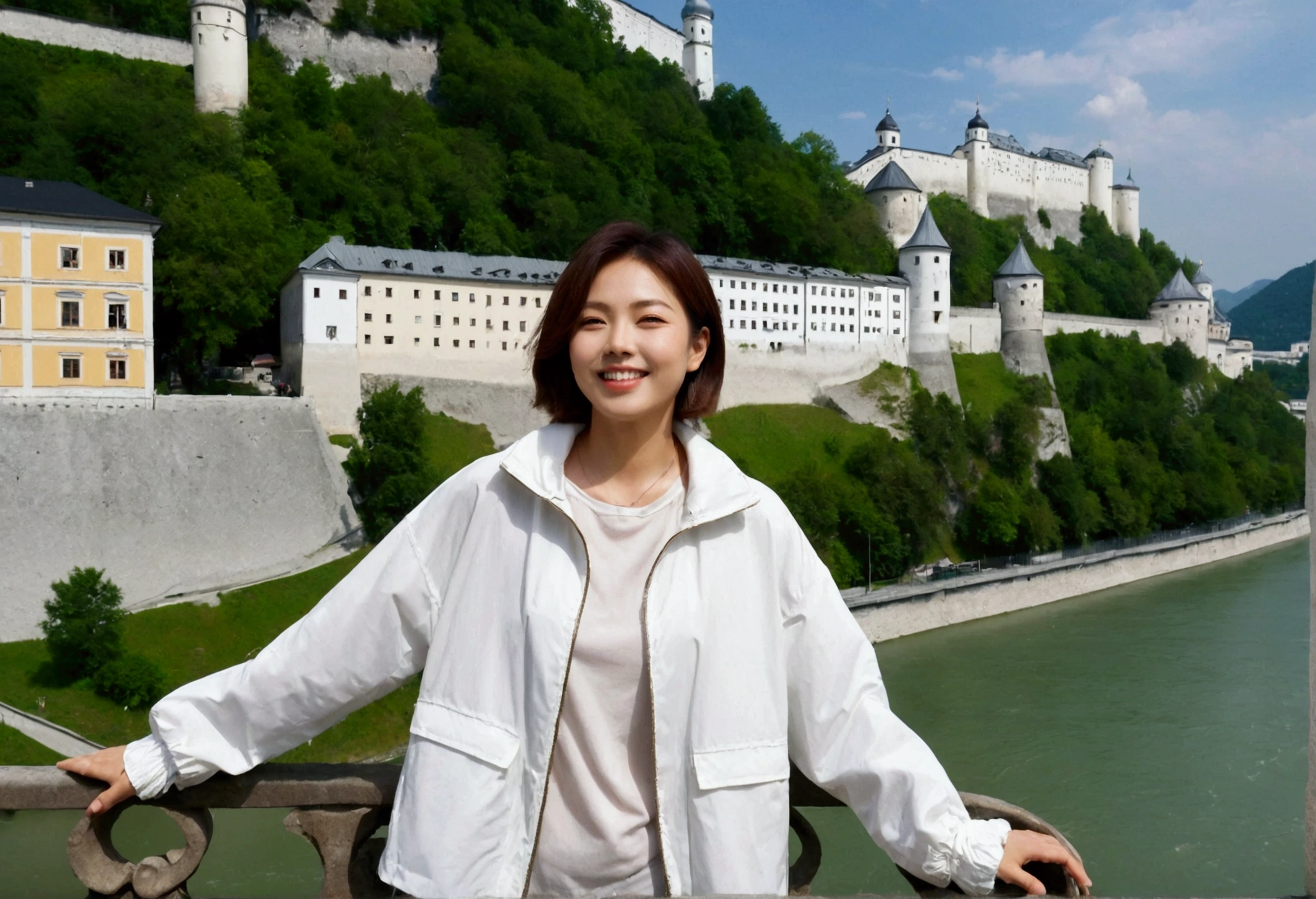 high quality, 1 woman, ((36 years old 건강한 한국 여성)), ((36 years old)), 1 woman, The eyes are big and beautiful. ((slim)), ((short medium hair)), laugh. pose: standing, windbreaker jacket, background:Your residence is a baroque townhouse with a plaster façade and wrought iron railings.... Overlooking the Salzach River and Hohensalzburg Fortress, looking slightly upward, 1 woman, Full body shot with Canon 16-34 wide angle lens, View: river view, look up to the side