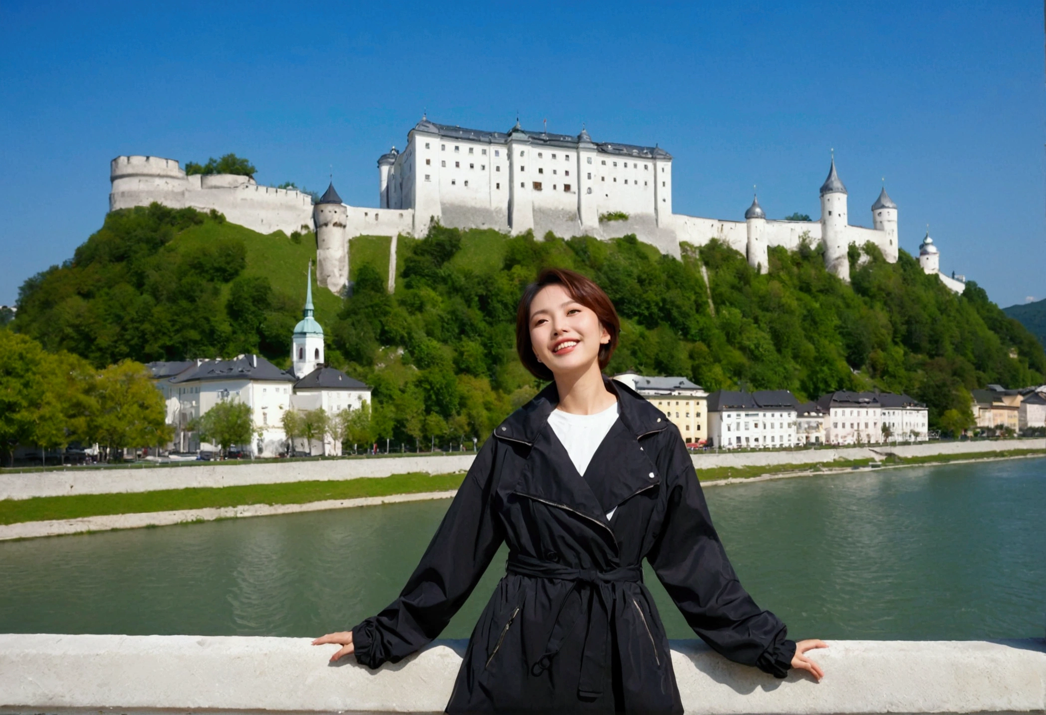 high quality, 1 woman, ((36 years old 건강한 한국 여성)), ((36 years old)), 1 woman, The eyes are big and beautiful. ((slim)), ((short medium hair)), laugh. pose: standing, windbreaker jacket, background:Your residence is a baroque townhouse with a plaster façade and wrought iron railings.... Overlooking the Salzach River and Hohensalzburg Fortress, looking slightly upward, 1 woman, Full body shot with Canon 16-34 wide angle lens, View: river view, look up to the side