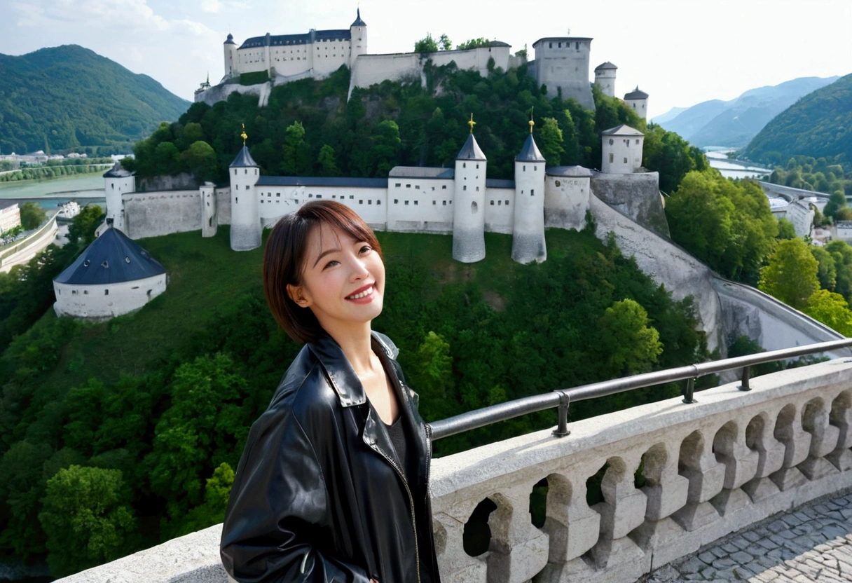 high quality, 1 woman, ((36 years old 건강한 한국 여성)), ((36 years old)), 1 woman, The eyes are big and beautiful. ((slim)), ((short medium hair)), laugh. pose: standing, windbreaker jacket, background:Your residence is a baroque townhouse with a plaster façade and wrought iron railings.... Overlooking the Salzach River and Hohensalzburg Fortress, looking slightly upward, 1 woman, Full body shot with Canon 16-34 wide angle lens, View: river view, look up to the side