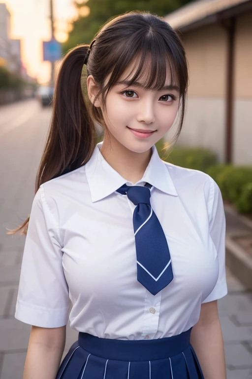 ((masterpiece, Best Quality)), ((A high resolution)), (photograph realistic), Best Shadow, high detailing, Very detailed, (nice hand, Perfect hands), (Face Focus:1.2), ((1girl in)), Beautiful Girl, 18 years old, Brown eyes, (brown ponytail hair 1.5), (big breasts:1.3), (smile:1.3), Glossy white skin, (view from front:1.3), (Very slender:1.3), (Cute face:1.3), (look at viewer:1.4), Kawaii face, thin lips, detailed facial features, Crisp focus, perfect beautiful body and face, Cute childish face, Perfectly focused, (school uniform:1.2), Long bangs, in the twilight city, (cowboy shot:1.2), japanese famous idol, (Standing:1.3)
