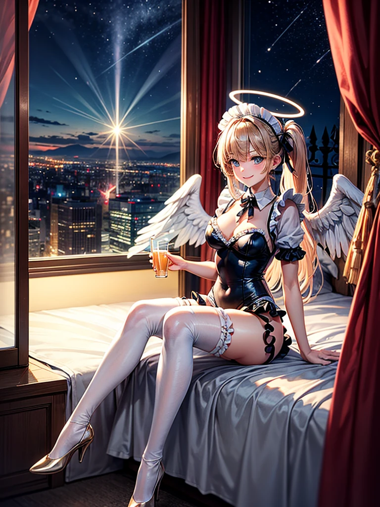 Highest Resolution,8K quality,Smiling beautiful girl in maid leotard,High leg,(((Frills))),White angel wings on your back,Halo,Bedroom,Night view outside the window,Very beautiful eyes,whole body,front,Knee-high stockings,Drink,