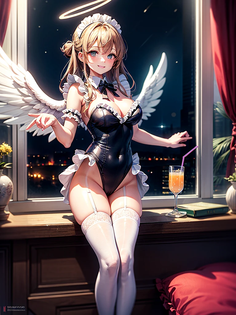 Highest Resolution,8K quality,Smiling beautiful girl in maid leotard,High leg,(((Frills))),White angel wings on your back,Halo,Bedroom,Night view outside the window,Very beautiful eyes,whole body,front,Knee-high stockings,Drink,