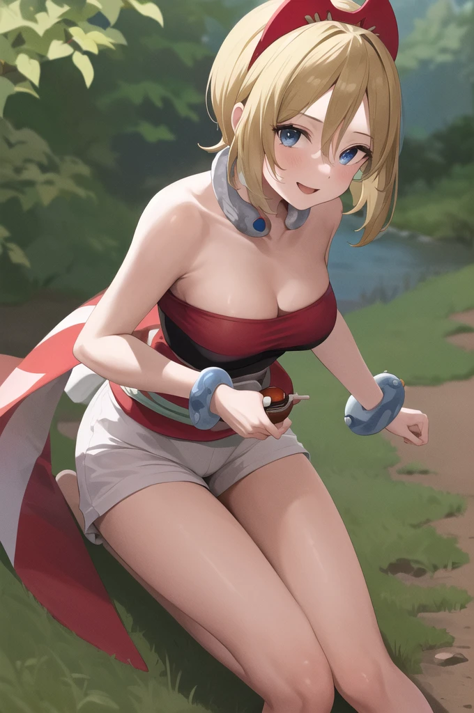 masterpiece, best quality, highres, aairida, short hair, red hairband, neck ring, collar, strapless shirt, red shirt, bracelet, sash, waist cape, white shorts, bare legs, standing, cowboy shot, outdoors, field, holding poke ball, poke ball, smile,
((woman on top,vaginal,sex))