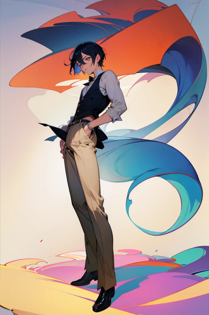 anime guy in 30's. Short hair cool looking, slightly mildly muscular, beautiful eyes, original character, full body view, doing a coolpose.