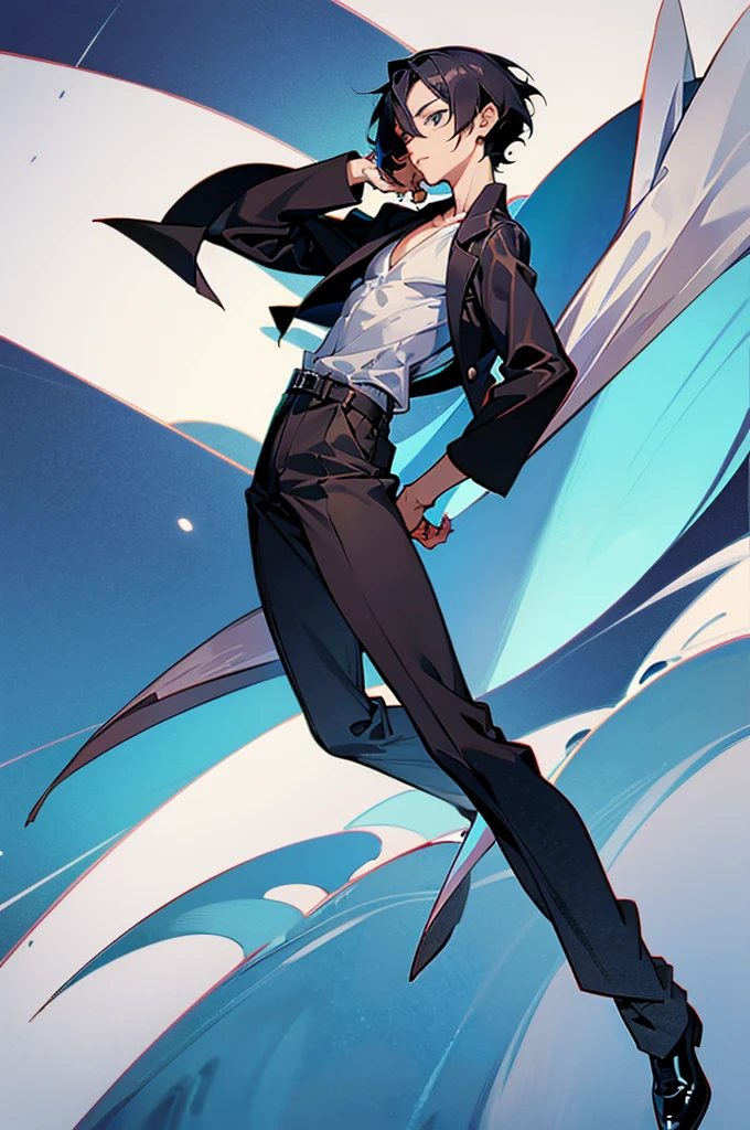 anime guy in 30's. Short hair cool looking, slightly mildly muscular, beautiful eyes, original character, full body view, doing a coolpose.