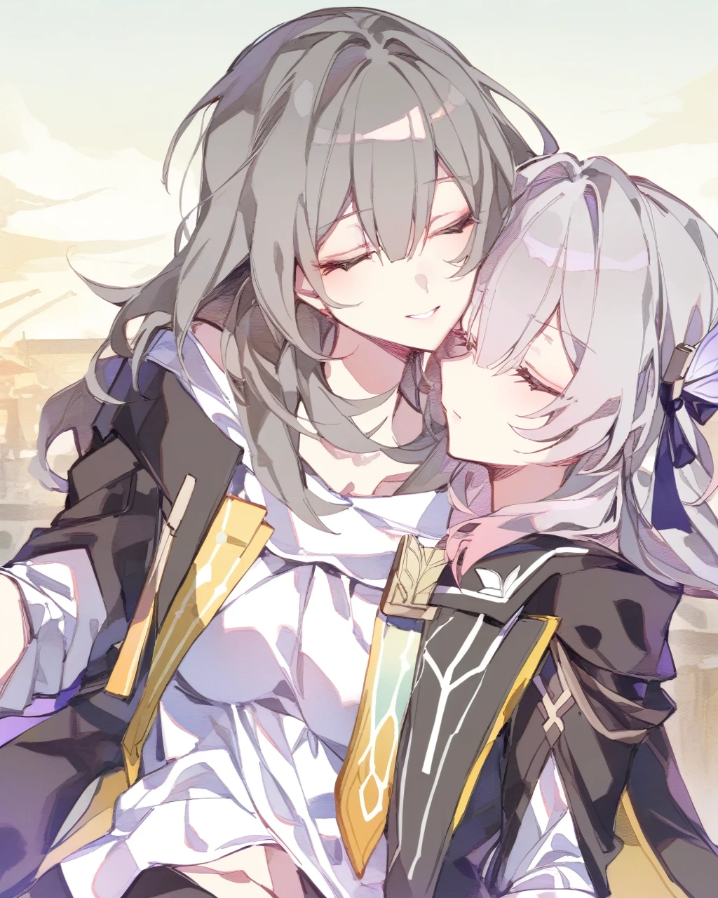 masterpiece,best quality,2girls, multiple girls, cocoballking, outdoors, upper body, grey hair, long hair, shirt, absurdres, closed eyes, commentary, firefly \(honkai: star rail\), grey eyes, head tilt, highres, honkai: star rail, honkai \(series\), stelle \(honkai: star rail\), trailblazer \(honkai: star rail\), white shirt, yuri