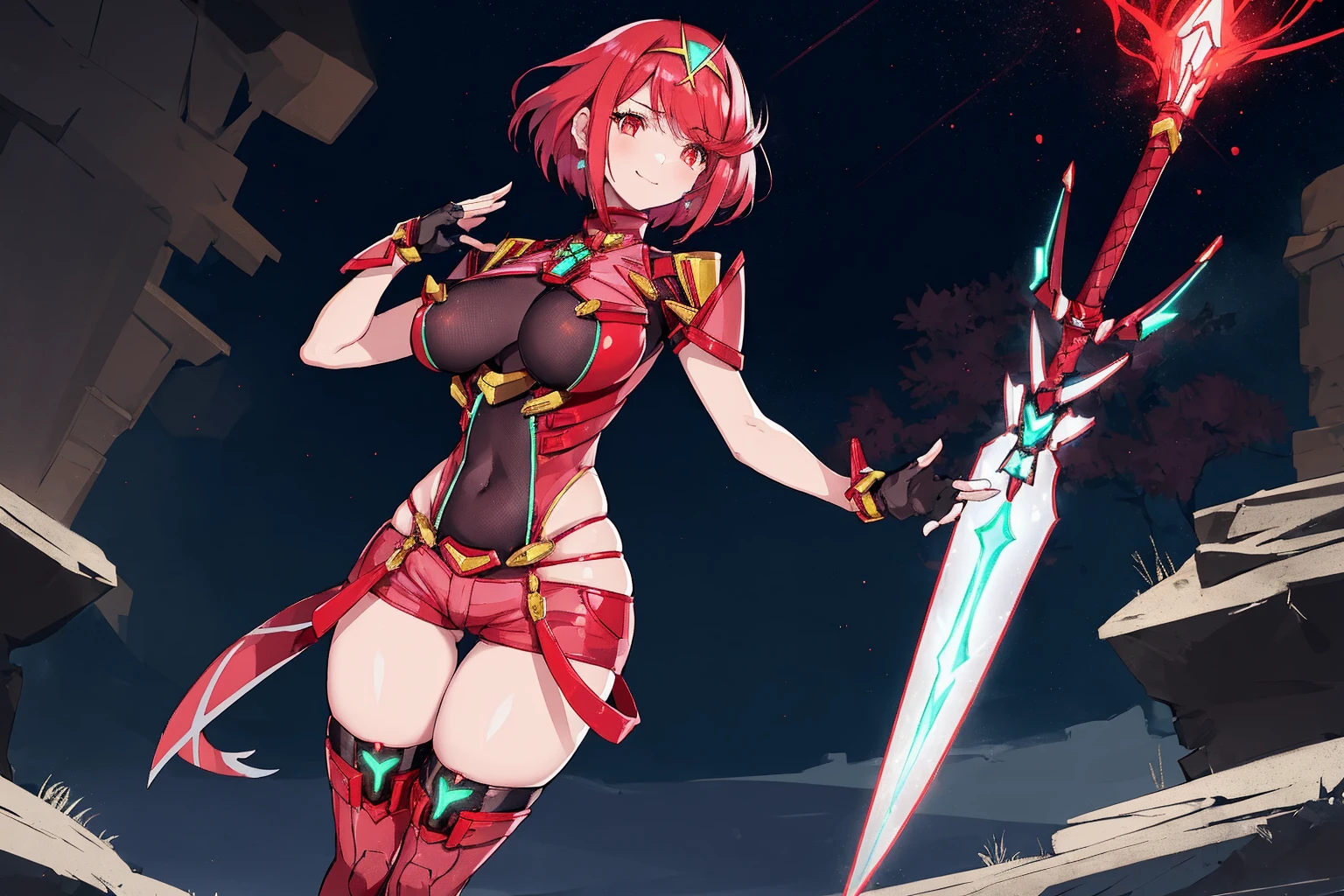 pyra \(xenoblade\), young__1girl, armor, bangs, black gloves, breasts, red eyes, closed mouth, earrings, eyelashes, fingerless gloves, floating hair, framed breasts, gem, gloves, hair ornament, headpiece, jewelry, big_breasts, leaning back, leotard, neon trim, official art, pose, red hair, red shorts, saitou masatsugu, short hair, short shorts, short sleeves, shorts, sidelocks, skin tight, solo, standing, swept bangs, thighhighs, tiara, night_prairie_background, turtleneck, underbust, vambraces, xenoblade chronicles \(series\), (xenoblade chronicles 2), apart_legs, fire_effect,dynamic_pose_fighting,light_smile, (plump:1.1), big_ass,huge_sword, hold_large_sword_hilt, solo, covered_nipples, covered_pussy,