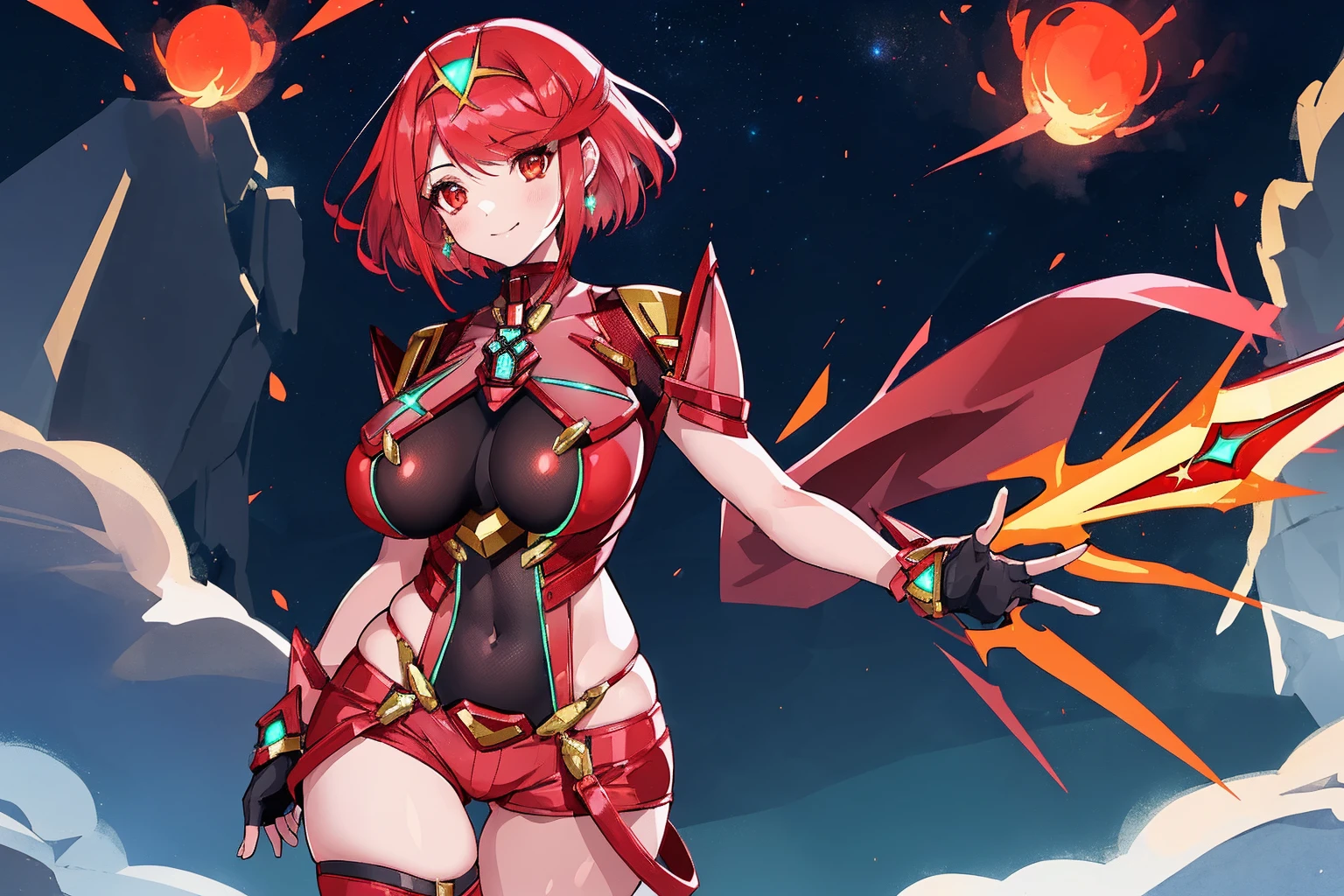 pyra \(xenoblade\), young_teen_1girl, armor, bangs, black gloves, breasts, red eyes, closed mouth, earrings, eyelashes, fingerless gloves, floating hair, framed breasts, gem, gloves, hair ornament, headpiece, jewelry, big_breasts, leaning back, leotard, neon trim, official art, pose, red hair, red shorts, saitou masatsugu, short hair, short shorts, short sleeves, shorts, sidelocks, skin tight, solo, standing, swept bangs, thighhighs, tiara, night_prairie_background, turtleneck, underbust, vambraces, xenoblade chronicles \(series\), (xenoblade chronicles 2), apart_legs, fire_effect,dynamic_pose_fighting,light_smile, (plump:1.1), big_ass,huge_sword, hold_large_sword_hilt, solo, covered_nipples, covered_pussy,