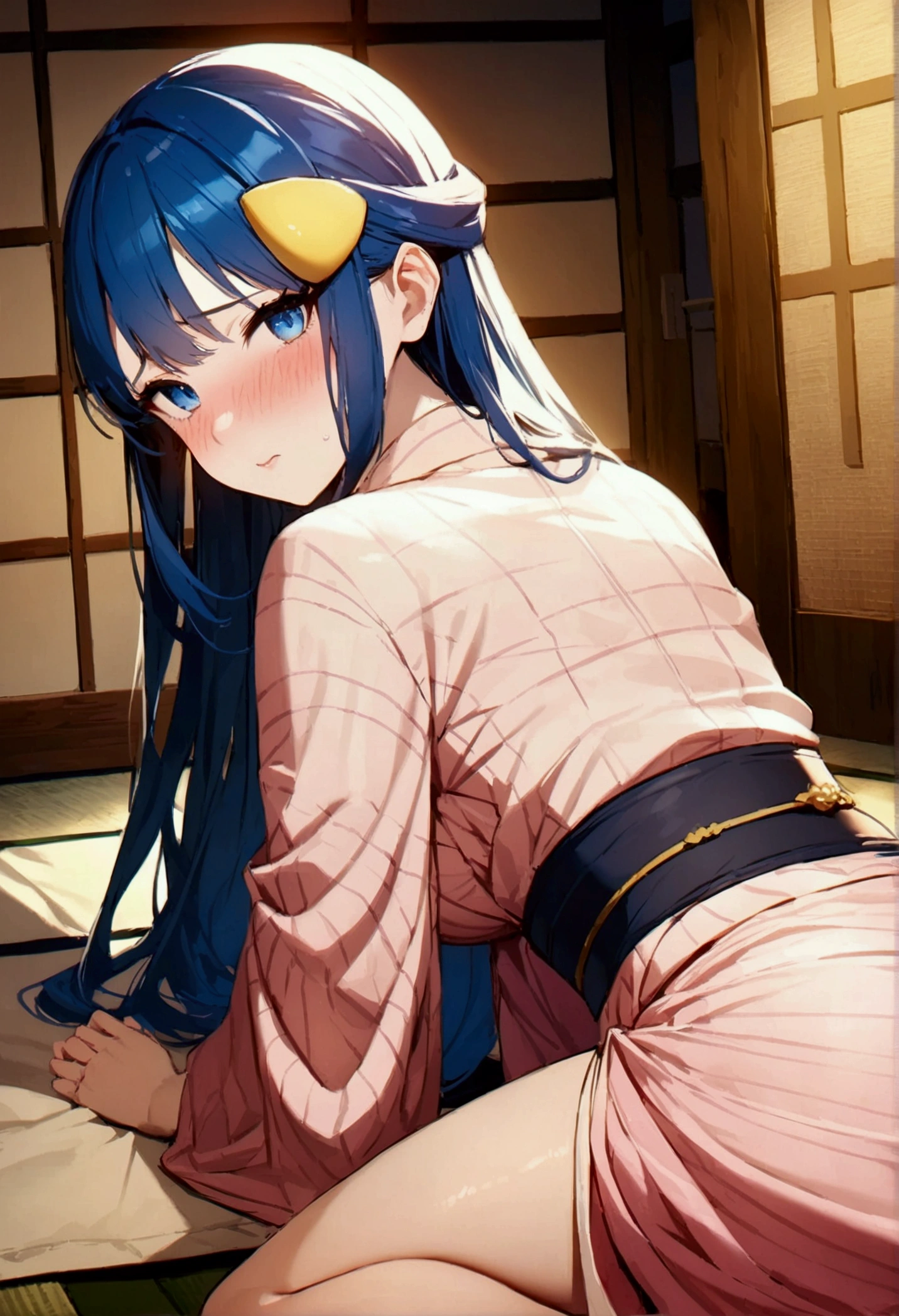 NSFW,masterpiece,Highest quality,High resolution,Super detailed,dawn_\(pokemon\),blue eyes, Blue Hair, Long Hair, Side Lock, Hair Clip,High-quality yukata,Embarrassed,blush,Inn at night,Japanese-style room,tatami,futon,(Middle-aged men),A man puts his hands on her waist and hugs her,Sitting,From the side