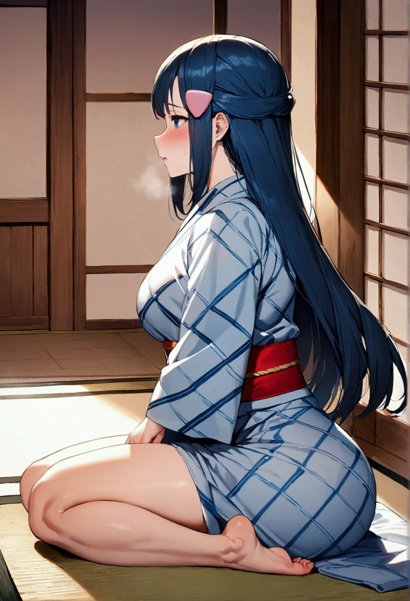 NSFW,masterpiece,Highest quality,High resolution,Super detailed,dawn_\(pokemon\),blue eyes, Blue Hair, Long Hair, Side Lock, Hair Clip,High-quality yukata,Embarrassed,blush,Inn at night,Japanese-style room,tatami,futon,(Middle-aged men),A man puts his hands on her waist and hugs her,Sitting,From the side