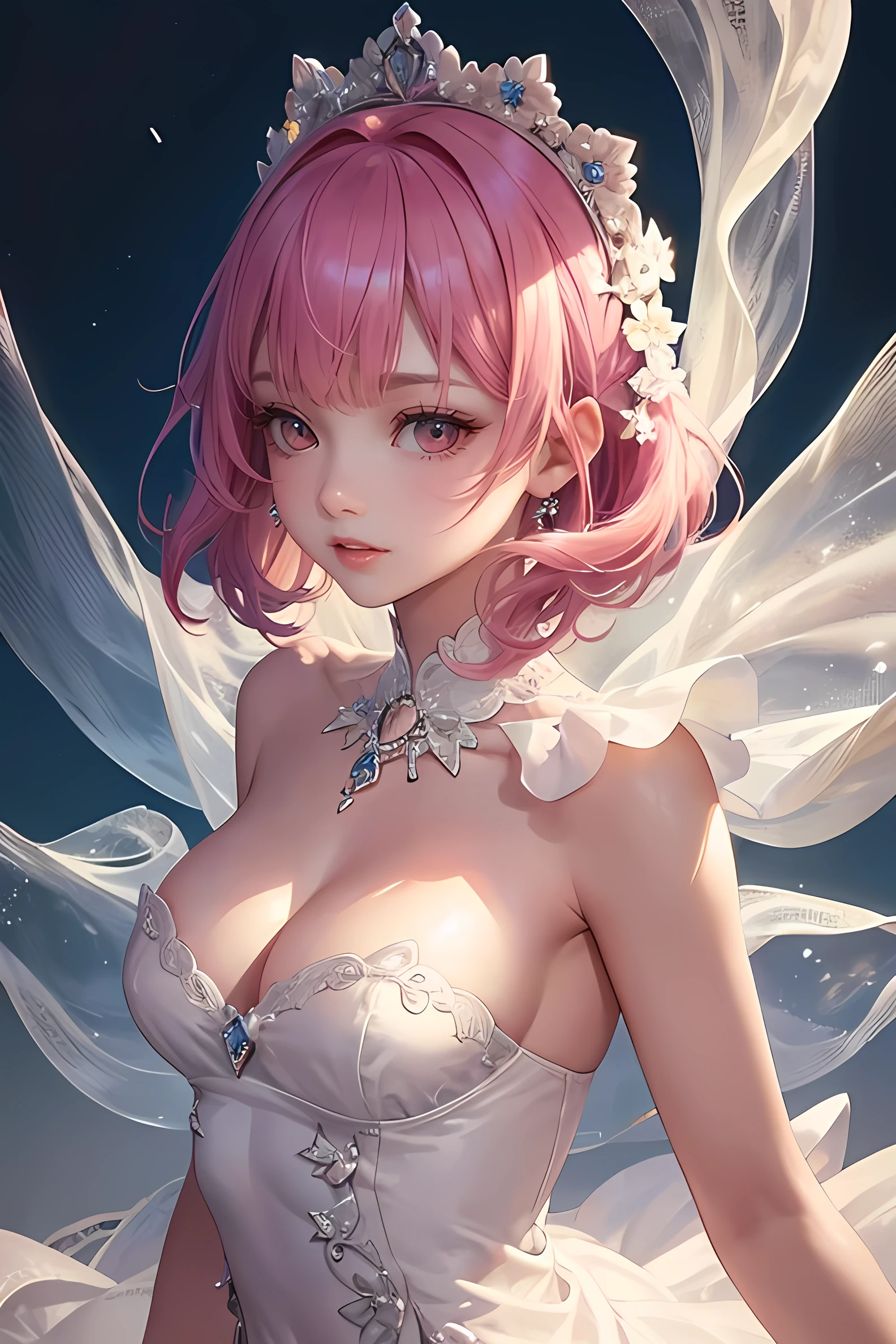 (Highest quality、Highest quality、Masterpiece、Very delicate、Very detailed、Exquisite、16K、Full HD)、1 female、(Silver dress、Flared mini skirt、gem、ribbon、White frills)、Small breasts、Perfect body line、Glowing Skin、(Groomed eyebrows、Pink Lips、Red eyeysterious Face)、(Blue Hair、Vertical roll、Shiny Hair)、Dramatic lighting、(Sandy Beach)