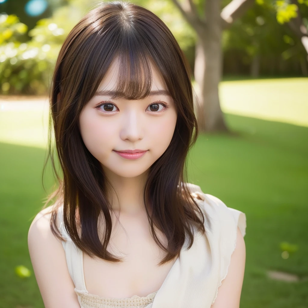 8k RAW photo,Best Quality, top-quality:1.1, masterpiece:1.3,超A high resolution, (Photorealistic:1.4), Raw photo, (upper thigh:1.5, From Side), natural skin textures:1.1, realistic eyes and face details:1.1, Full lips,(bokeh:1.4), (in a suite), 1 Japanese girl, Cute, (独奏:1.6), (Shy smile), (Dark brown eyes), Smooth skin, (Brown medium hair,bangs), (touch hair:1.4),nogizaka,a park,suits、full bodyesbian、:1.4、Officelady:1.2
