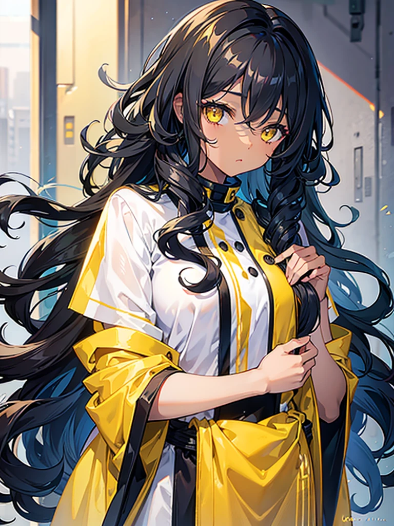 girl, black skin, curly hair, long hair, yellow eyes,