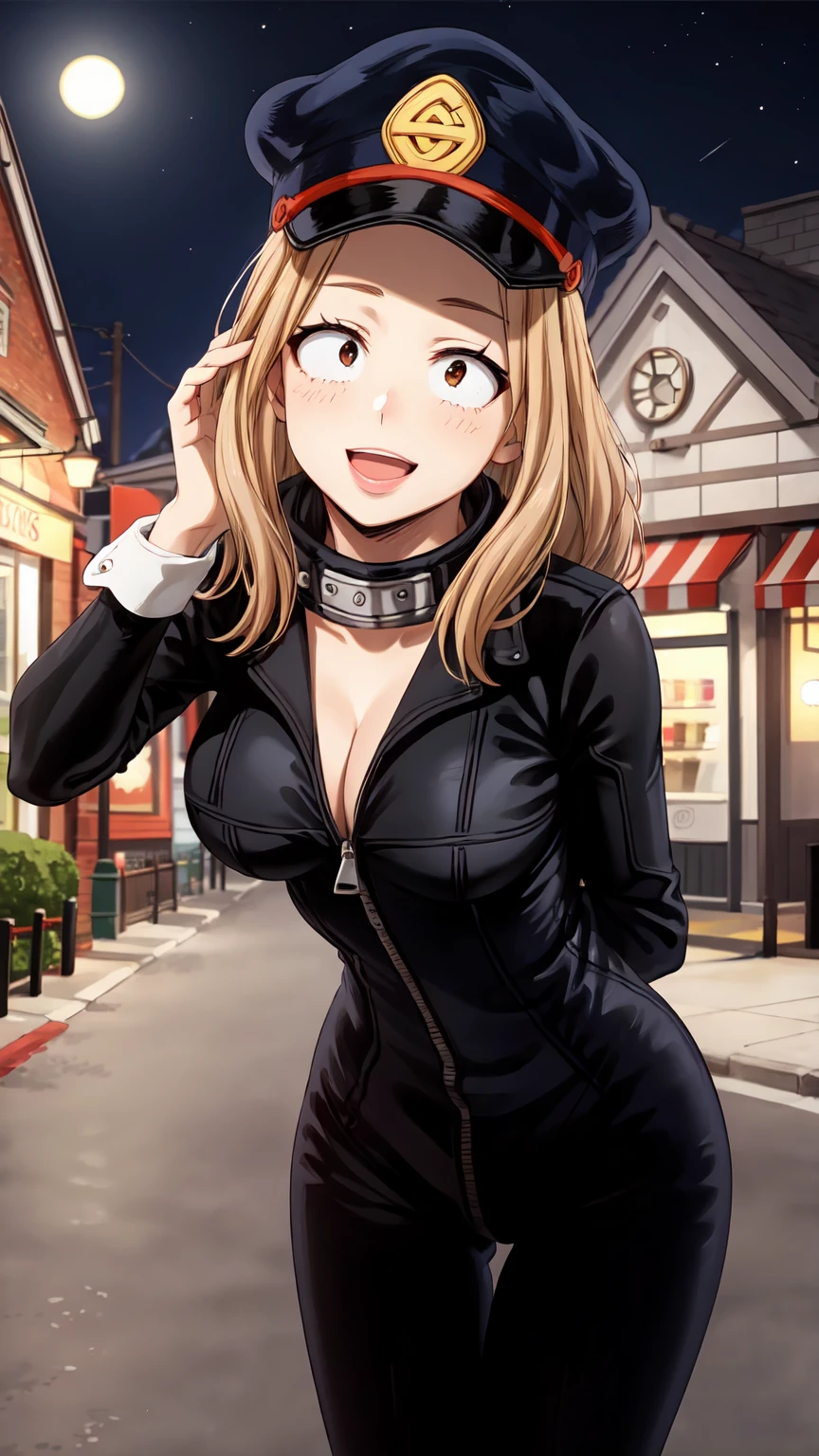 Masterpiece ,best quality , high resolution , (face view , look at view , (pov front view) , (pov from front)) , (1 girl solo:1.38) , (camie, long hair, brown hair, brown eyes, peaked cap , lipstick , eyeliner)) , (slim , tall , slender , thin) , (cleavage:1.05) , (big breast:1.06) , (wear black bodysuit  , fishnet_stockings , zipper ) , (arms behind back , hand behind back) , (leaning forward:1.35) , ( outdoor , night , lamp , moonlight , road , on street , in front of shop ) , (open mouth , smile , full face blush , shy ) , (standing , thighs ) , (cowboy_shot)