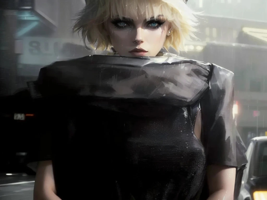 candid photo of the Blade Runner (1982) replicant named Priscilla "Pris" Stratton with iconic makeup alone on the street in the rain --style raw --s 0 --ar 10:16 --v 6.0