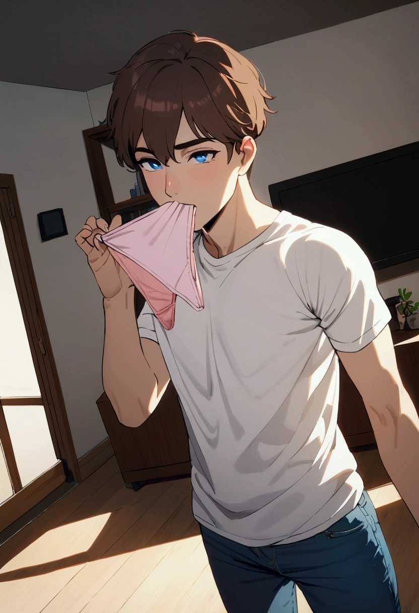 1man with short brown hair, blue eyes, tall, white t shirt, jeans, hold pink panties near nose, sniff panties, living room