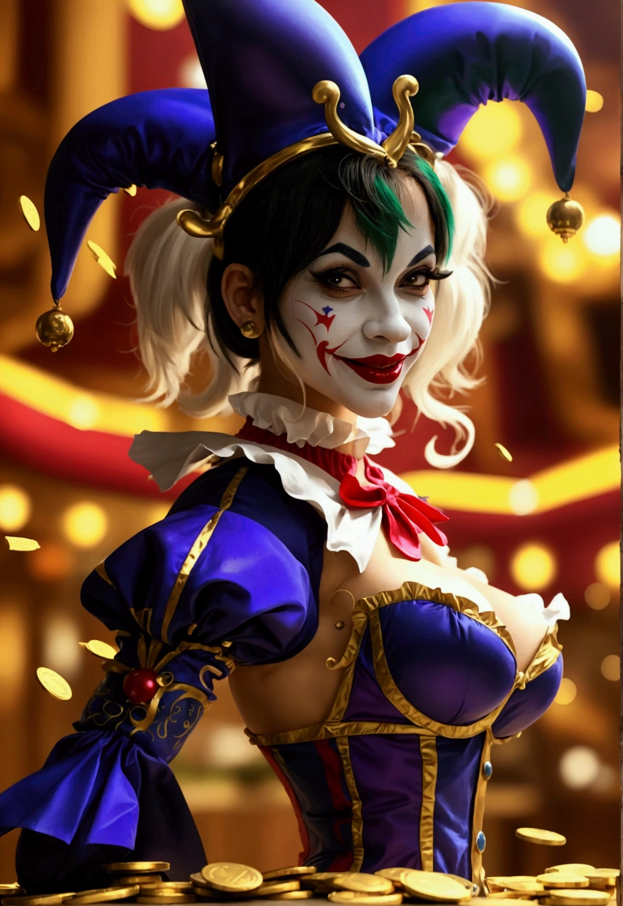 Create the image of a sexy female character dressed as a jester (jester or jester) with a more realistic and human appearance, and a sexy touch. The character must have a vibrant and colorful jester costume, but with a jester hat with ornamental bells. She should have a more seductive and confident pose, against a festive background with gold coins or a casino environment. The overall look should maintain the playful essence of a joker, but with a more human and sexy approach, highlighting your sensuality.