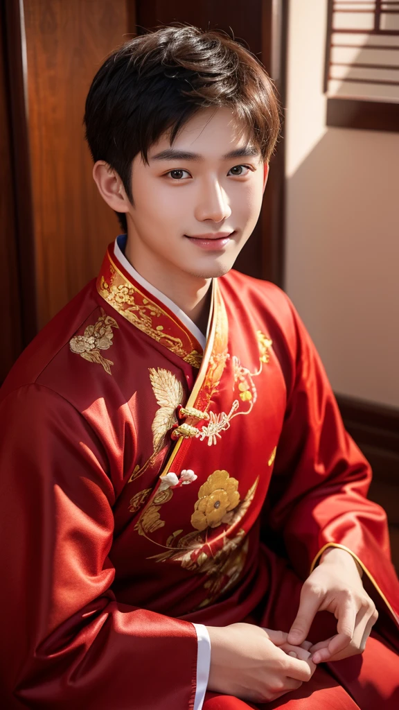 A handsome Chinese boy, 17 years old, Using a traditional chinese attire, with seductive eyes and sweet smile