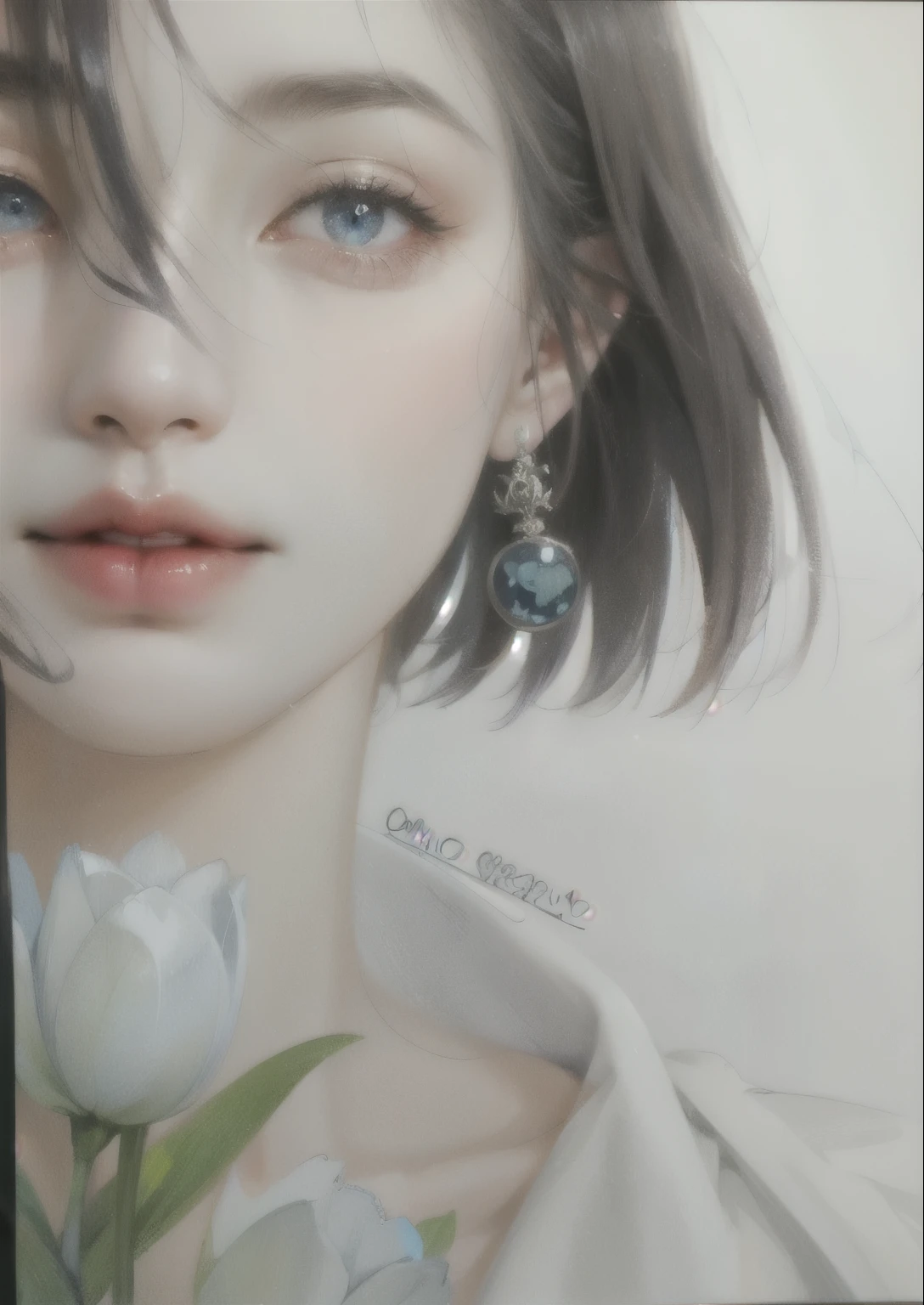 The painting shows a woman with blue eyes,Holding a flower in hand, Colored pencil sketch, Colored pencil sketch, Colored pencil sketch, Colored pencil sketch, Painting, Draw with colored pencils, Painting, Painting, Color Sketch, Colored pencil sketch, Colored pencil sketch, 详细的彩色portrait, colored pencil illustration, 高品质Color Sketch, portrait