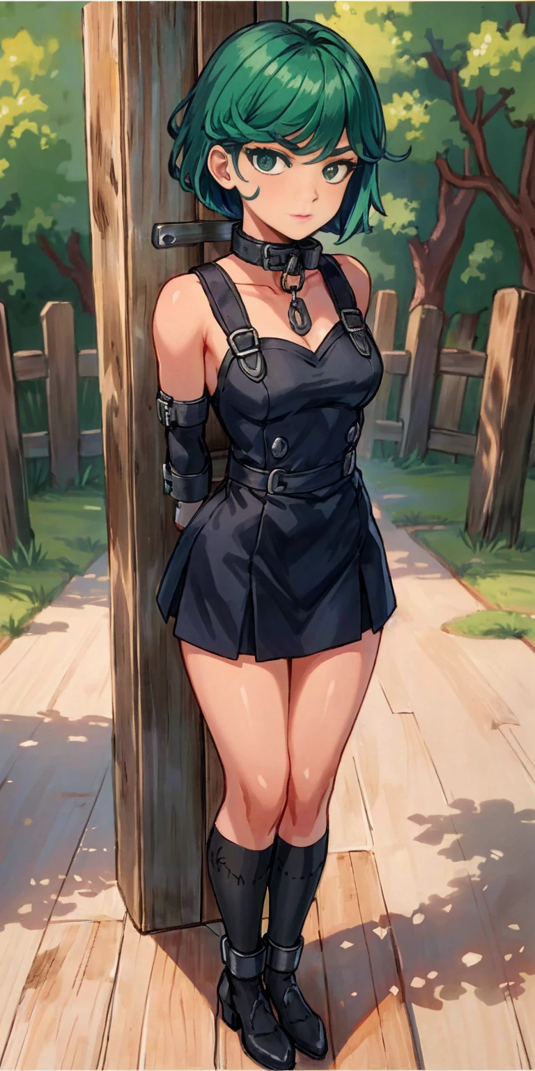 (Masterpiece, best quality, intricate details, 1sologirl) iron collar, arms behind back, iron cuffs, shackles, bound ((standing by wooden pole:1.2)) looking from above happy closed mouth, green short bob haircut