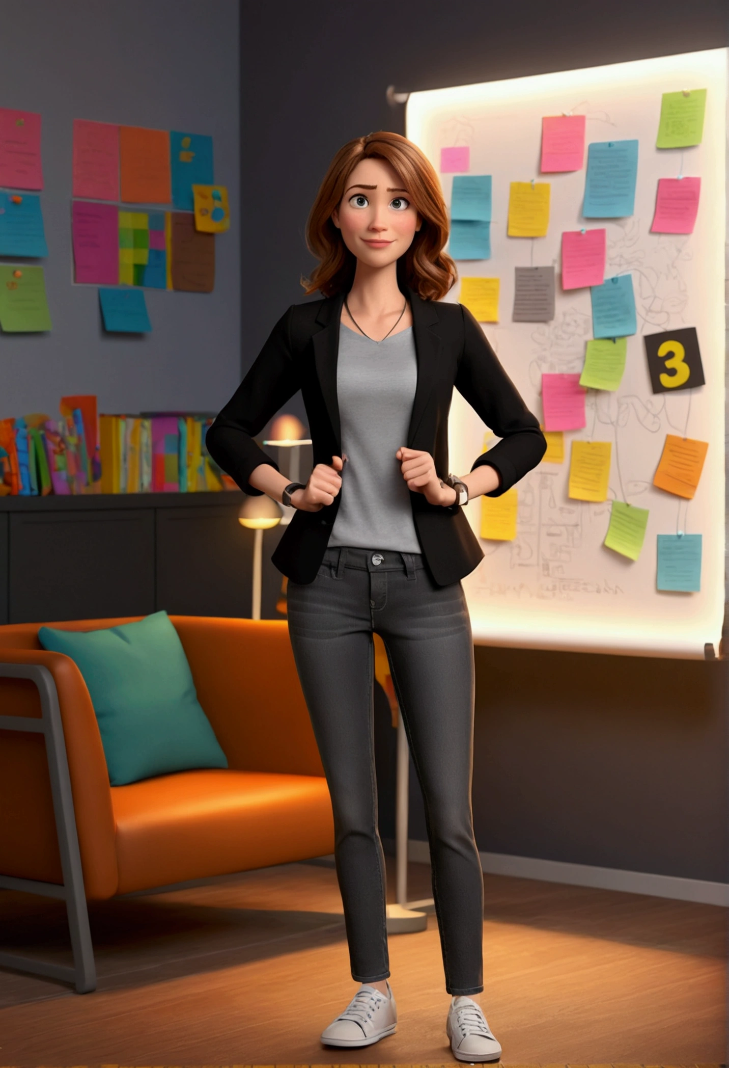 3D PIXAR STYLE POSTER. woman 36 years old, with light skin, MEDIUM BROWN HAIR ON THE SIDE, eyes browns, black blazer, black jeans pants, gray shirt, White sneakers, notebook in hand, teacher BACKGROUND with COLORFUL lights