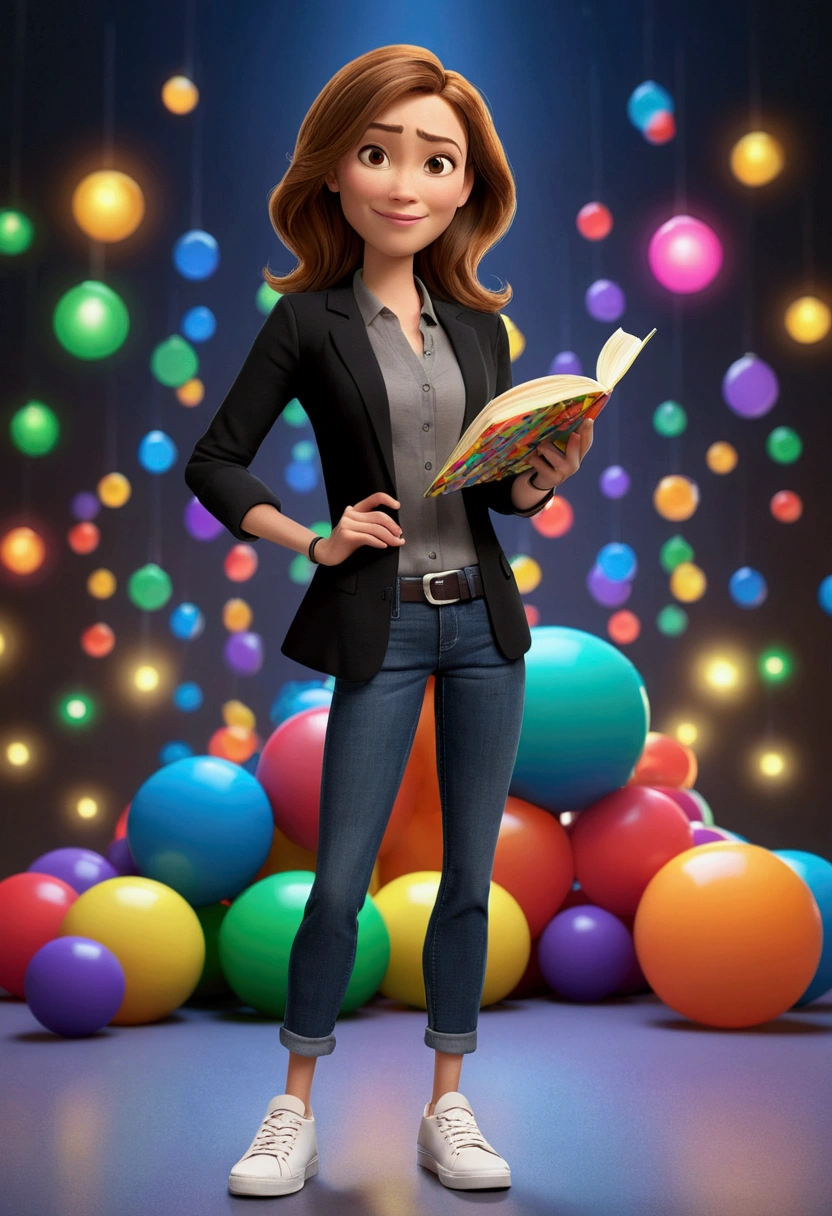3D PIXAR STYLE POSTER. woman 36 years old, with light skin, MEDIUM BROWN HAIR ON THE SIDE, eyes browns, black blazer, black jeans pants, gray shirt, White sneakers, notebook in hand, teacher BACKGROUND with COLORFUL lights