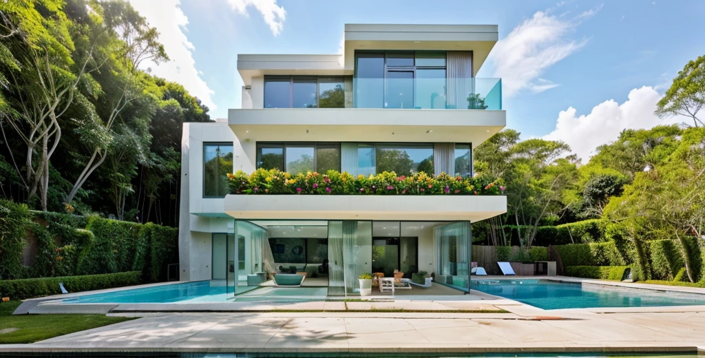 MODERN HOUSE, A wide-angle shot shows the front view of a contemporary two-story villa with glass windows, surrounded by lush greenery. It features an outdoor pool area with natural light. Stone pathways lead to the swimming pool in the yard, adorned with vibrant plants, Taken on a Canon EOS R5, white wall, concrete, ((big front yard)),