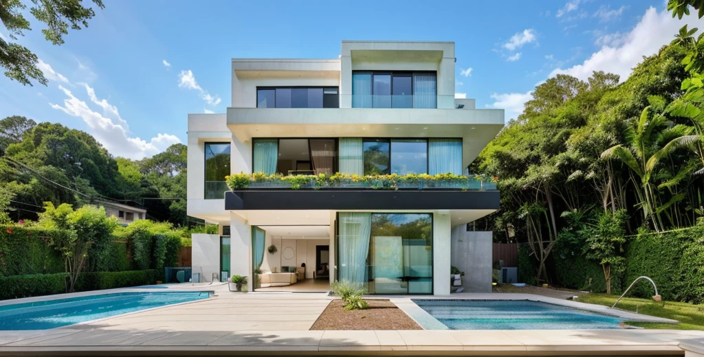 MODERN HOUSE, A wide-angle shot shows the front view of a contemporary two-story villa with glass windows, surrounded by lush greenery. It features an outdoor pool area with natural light. Stone pathways lead to the swimming pool in the yard, adorned with vibrant plants, Taken on a Canon EOS R5, white wall, concrete, ((big front yard)), 