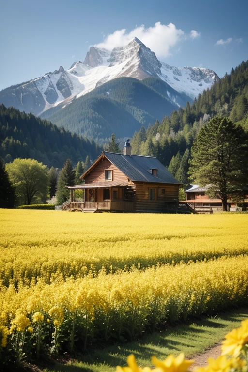 ((best quality)), ((masterpiece)), (detailed), Large canola flowers，Snow Mountain，Log Cabin