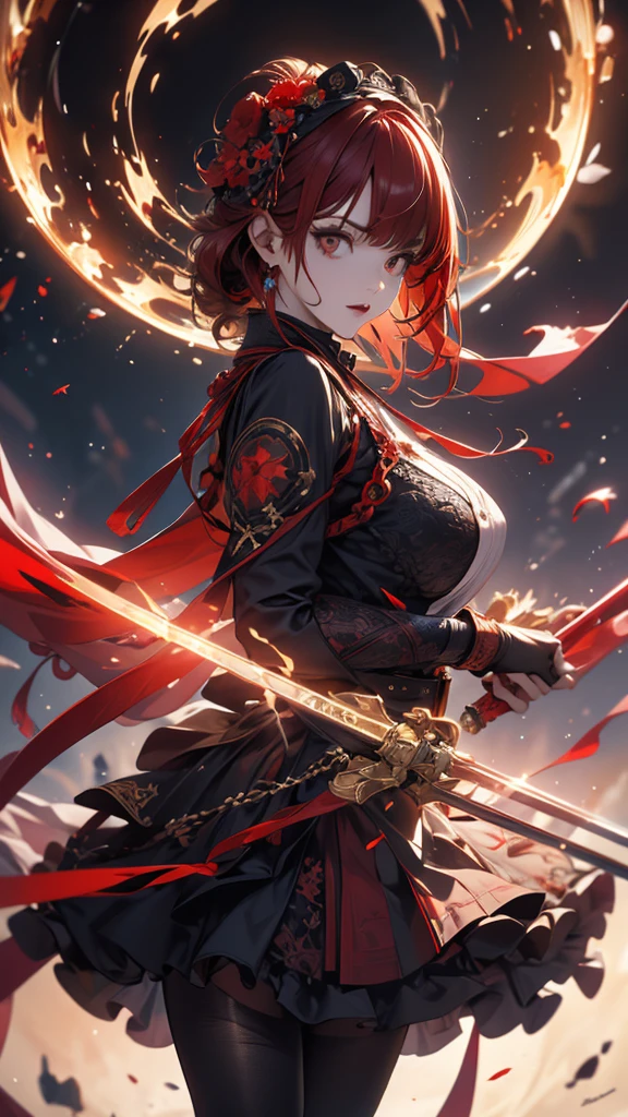 masterpiece, high quality, 4K, Beautiful design, silhouette,Red hair, 非常に詳細な夜のStarry Sky,Flower Field, wonderful, Finer details, Very knowledgeable woman, Highly detailed solo, 1 female,Red eyes,Big Breasts,Gothic ta Fashion,Night view,Starry Sky,Red full moon,World of Fire,