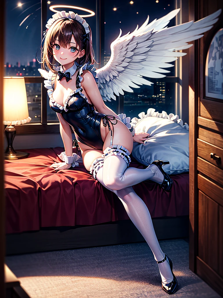 Highest Resolution,8K quality,Smiling beautiful girl in maid leotard,High leg,(((Frills))),White angel wings on your back,Halo,Bedroom,Night view outside the window,Very beautiful eyes,whole body,front,Knee-high stockings,Drink,