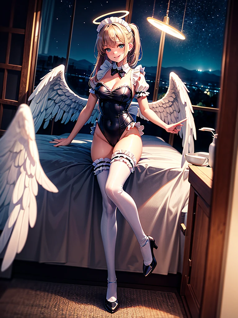 Highest Resolution,8K quality,Smiling beautiful girl in maid leotard,High leg,(((Frills))),White angel wings on your back,Halo,Bedroom,Night view outside the window,Very beautiful eyes,whole body,front,Knee-high stockings,Drink,