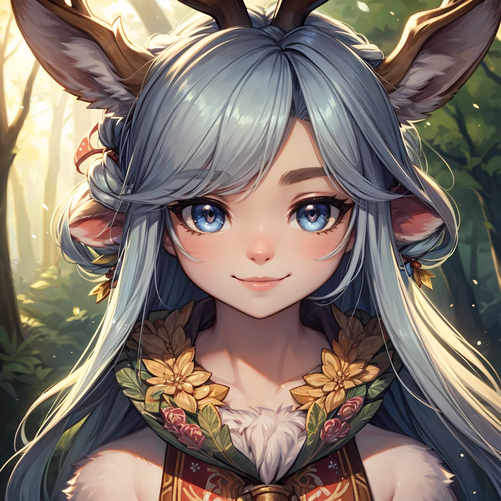 Create an illustrated, hand-drawn, full-color image of an anthropomorphic reindeer women. The artwork should be rendered in the style of "Breath of the Wild," featuring warm lighting and shadows. Include graphite shading, stencil marks, and airbrushed acrylic paint effects. The image should be of the highest quality, a masterpiece with intricate details. The deer women should have a female, humanoid, furry appearance with grey skin. She should have luscious lips, a wide smile, and bright, expressive eyes, exuding beauty, cuteness, and adorableness. Ensure the image is high resolution and sharply detailed, with a detailed and vibrant background. Incorporate mystical lighting in the background, creating a romantic and enchanting atmosphere. ....Fold
