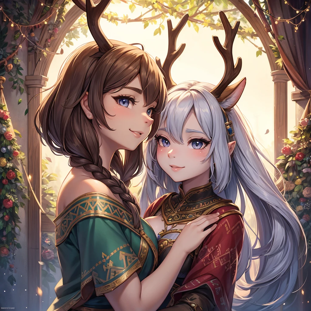 Create an illustrated, hand-drawn, full-color image of an anthropomorphic reindeer women. The artwork should be rendered in the style of "Breath of the Wild," featuring warm lighting and shadows. Include graphite shading, stencil marks, and airbrushed acrylic paint effects. The image should be of the highest quality, a masterpiece with intricate details. The deer women should have a female, humanoid, furry appearance with grey skin. She should have luscious lips, a wide smile, and bright, expressive eyes, exuding beauty, cuteness, and adorableness. Ensure the image is high resolution and sharply detailed, with a detailed and vibrant background. Incorporate mystical lighting in the background, creating a romantic and enchanting atmosphere. ....Fold