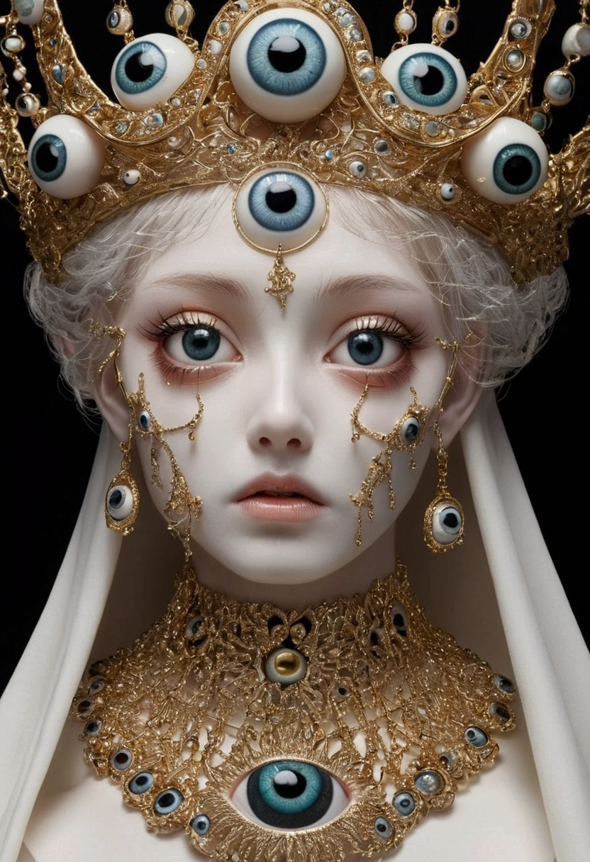 Grotesque Aesthetics：One-eyed sculpture，Tears，There are many eyeballs growing on the skin of the face，Eyeball Necklace，Eyeball Crown，Realistic eyeballs，teeth，Distorted face， Solitary，black background，crown，veil，Hands touch your face，3D eye bead necklace，
