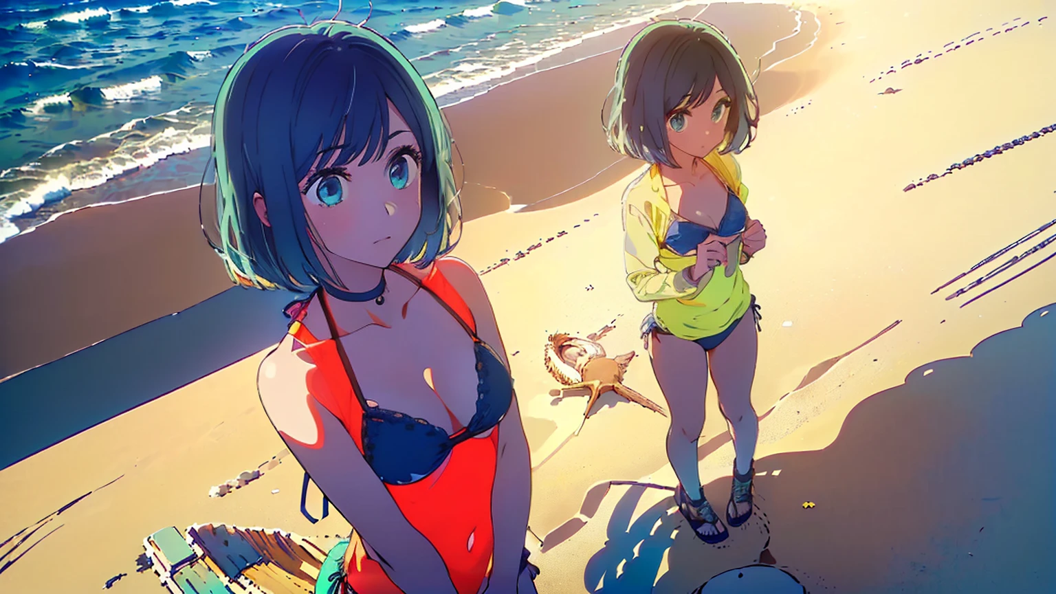 GTA5, paleturquoise bikini, brief, lesbian, barefoot, breast grab