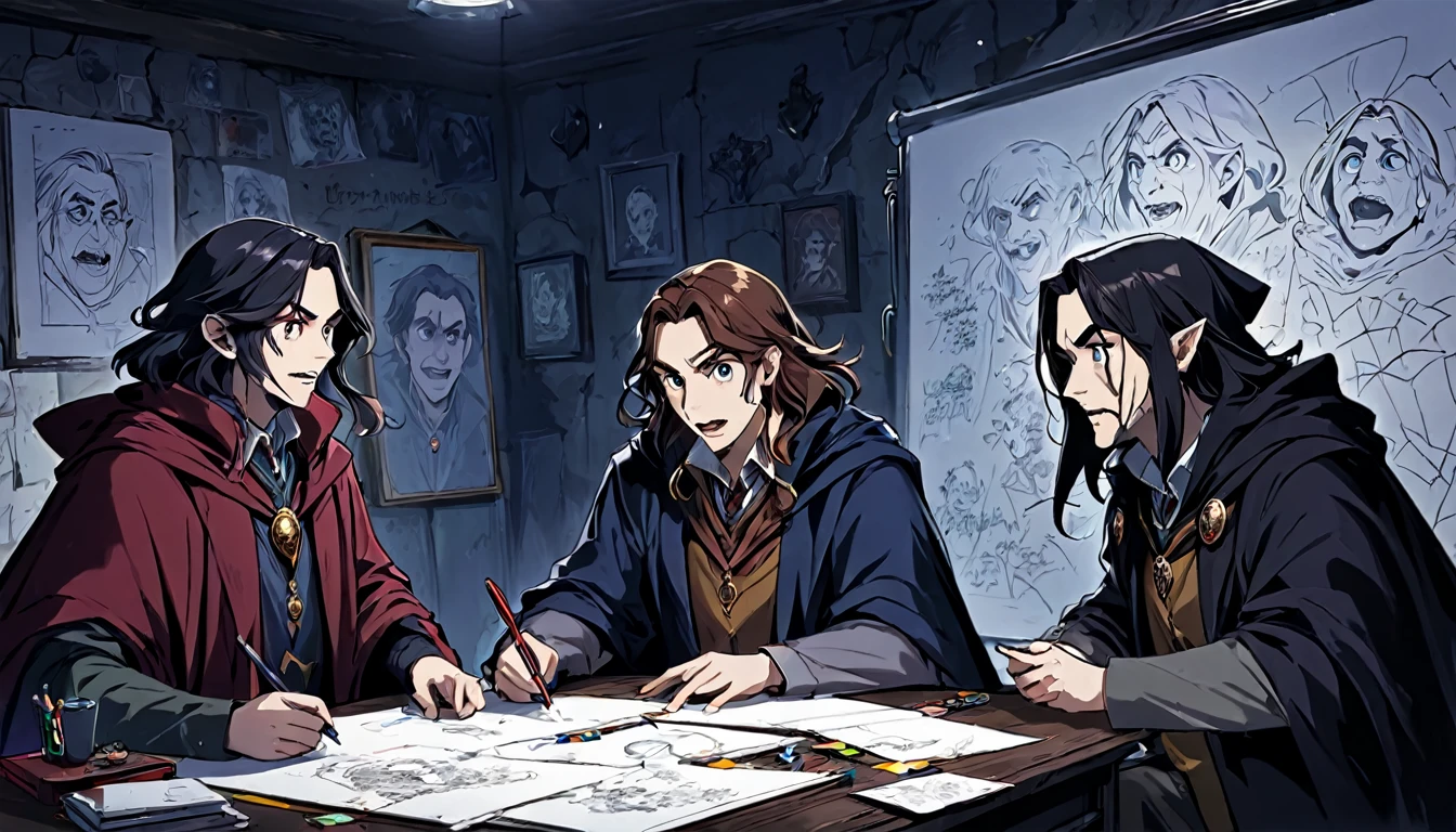 3 gamer guys with clear faces whiteboard with pictures and papers hung on it, evil dark room , there is a scary faces and Puzzles on the wall, , they talking and working ,Philosopher's Stone