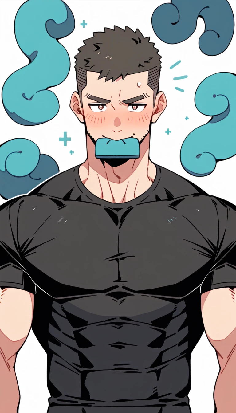 anime characters：Priapus, Muscle Sports Student, Buzz Cut, Manliness, male focus, Dark black tight T-shirt, Very tight, Sweat soaks clothes, He bit the hem of his tights to show off his abdominal muscles, full and perky chest muscles, muscular male, muscular, only, Upper body, Perfect muscular waist, alone, Black short hair, Thick eyebrows, stubble, Brown-red pupils, White background, simple background, amazing quality, best aesthetics, Ridiculous, crew cut, blush, mouth hold, embarrassed, shy, endured face, negative space, best quality