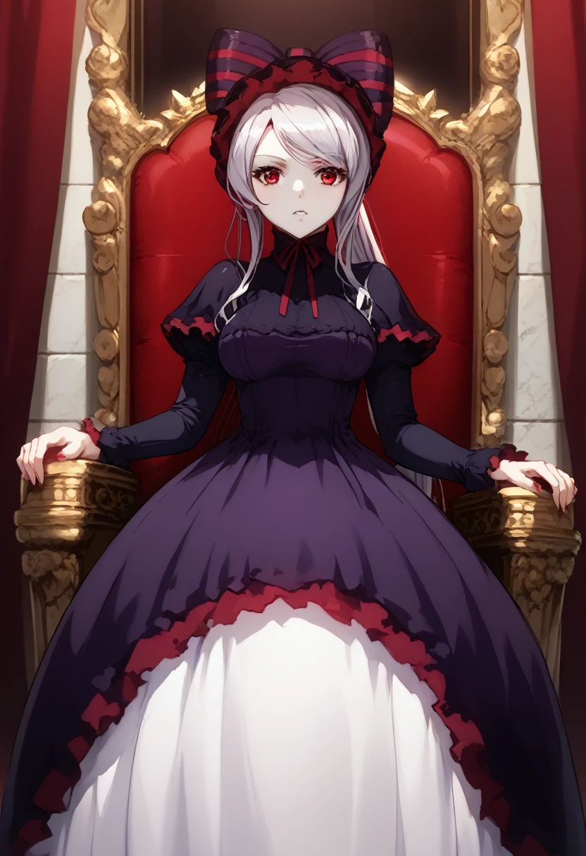 score_9, score_8_up, score_7_up, solo, 1girl, shalltear bloodfallen, anime style, bonnet, hairbow, silver hair, pale skin, red eyes, throne room, hd, detailed, PURPLE DRESS,
