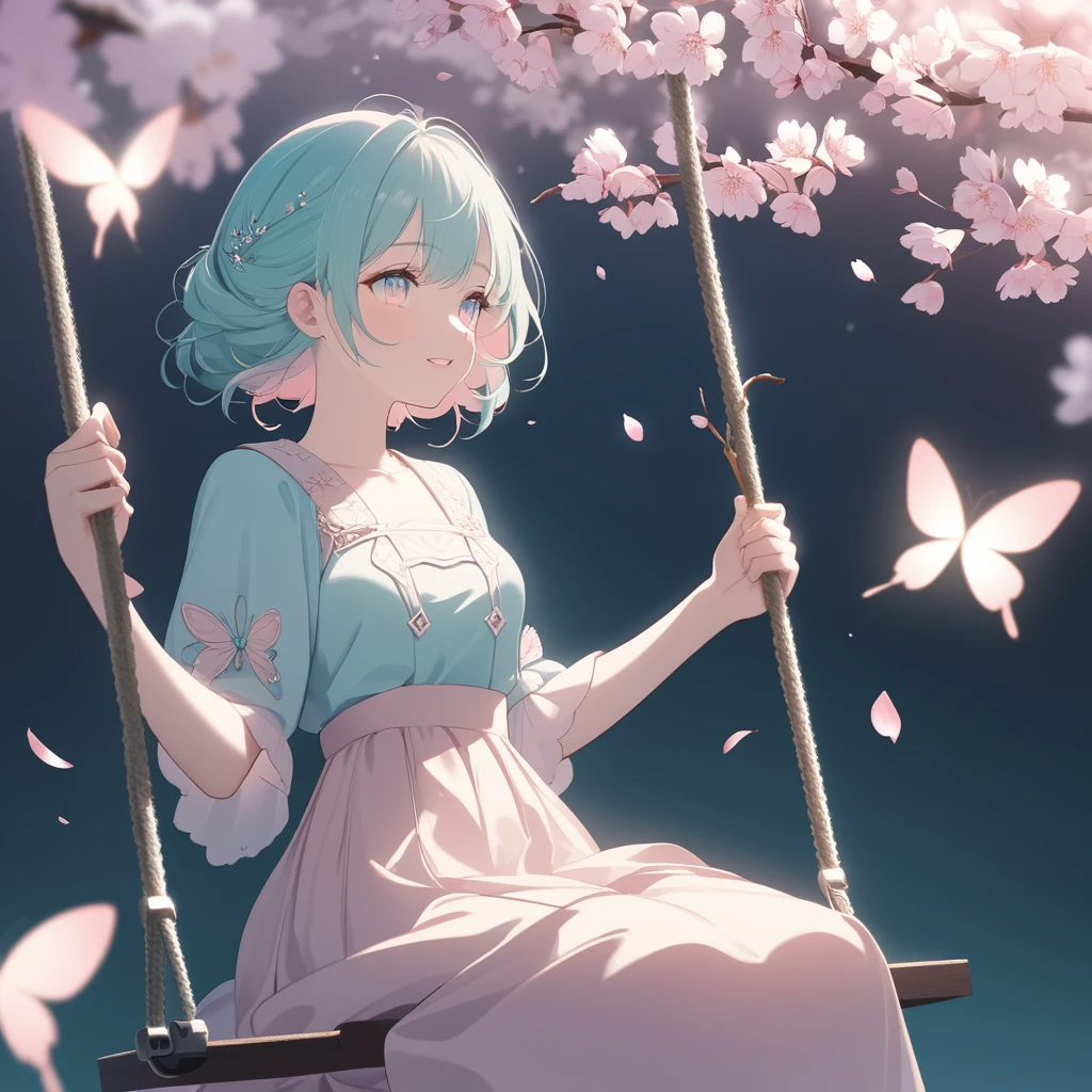 Beautiful lighting, pastel colour, Soft brush strokes, Dreamy atmosphere. (Highest quality, High resolution), Detailed eyes, Cute outfits, Sitting on a swing, Surrounded by cherry blossoms, Breeze, Cherry blossom petals floating in the air, A kind smile, Anime-style hair, Long eyelashes, stick out your lips a little, Redness on the cheeks, Longing Gaze, Peaceful Background, Peaceful Background, Butterflies fly, Calm mood, Subtle details, Vibrant colors.