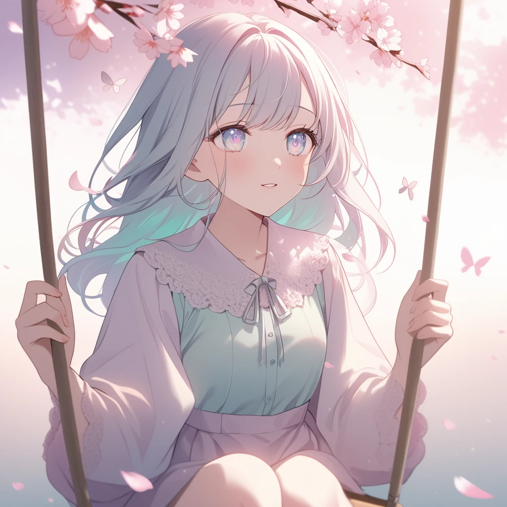 Beautiful lighting, pastel colour, Soft brush strokes, Dreamy atmosphere. (Highest quality, High resolution), Detailed eyes, Cute outfits, Sitting on a swing, Surrounded by cherry blossoms, Breeze, Cherry blossom petals floating in the air, A kind smile, Anime-style hair, Long eyelashes, stick out your lips a little, Redness on the cheeks, Longing Gaze, Peaceful Background, Peaceful Background, Butterflies fly, Calm mood, Subtle details, Vibrant colors.