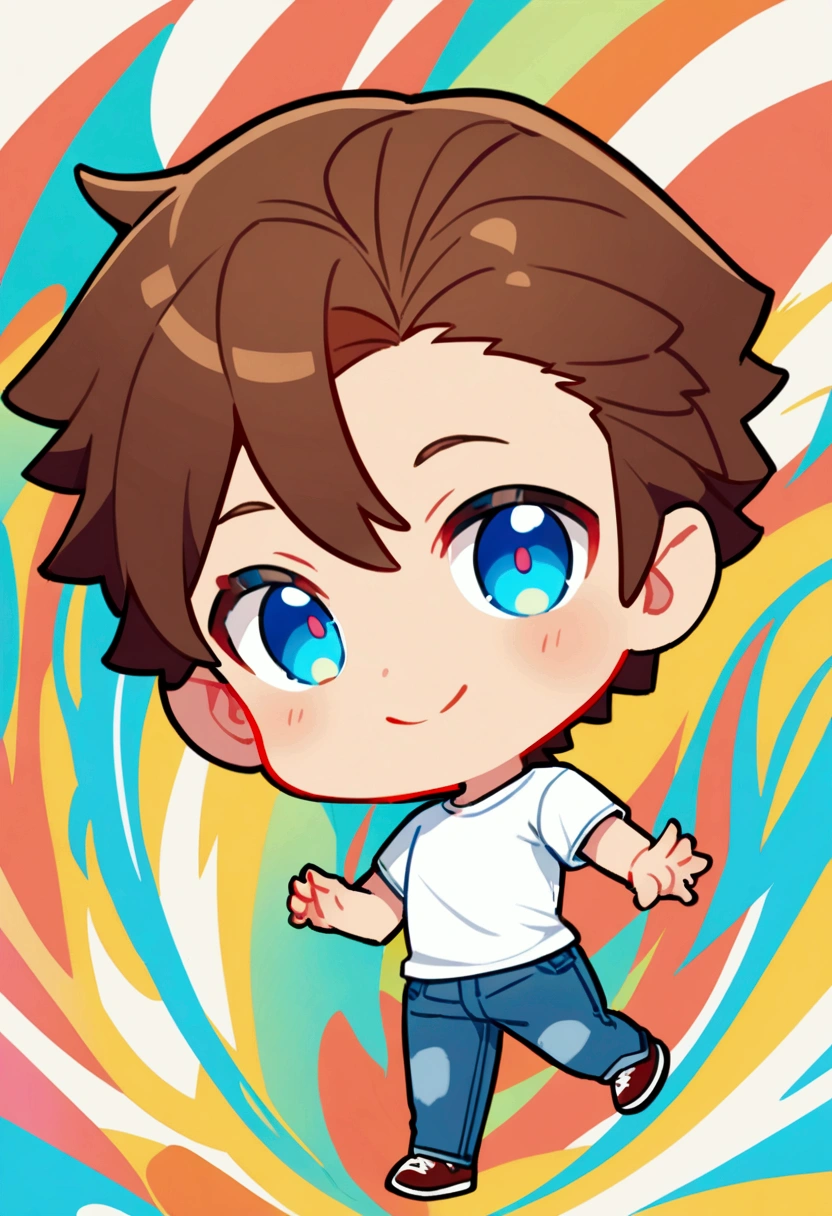 1man with short brown hair, blue eyes, tall, white t shirt, jeans, chibi style, smiling