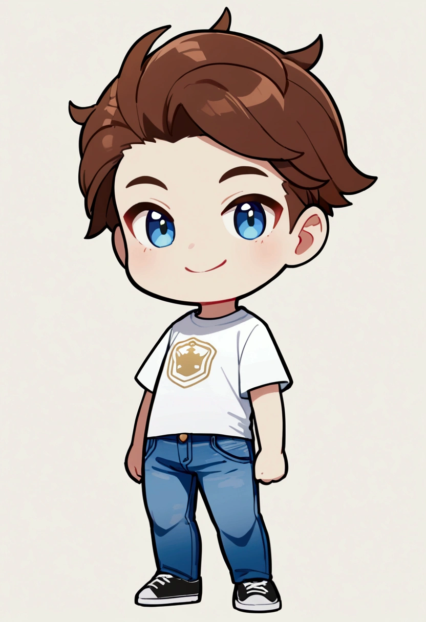 1man with short brown hair, blue eyes, tall, white t shirt, jeans, chibi style, smiling
