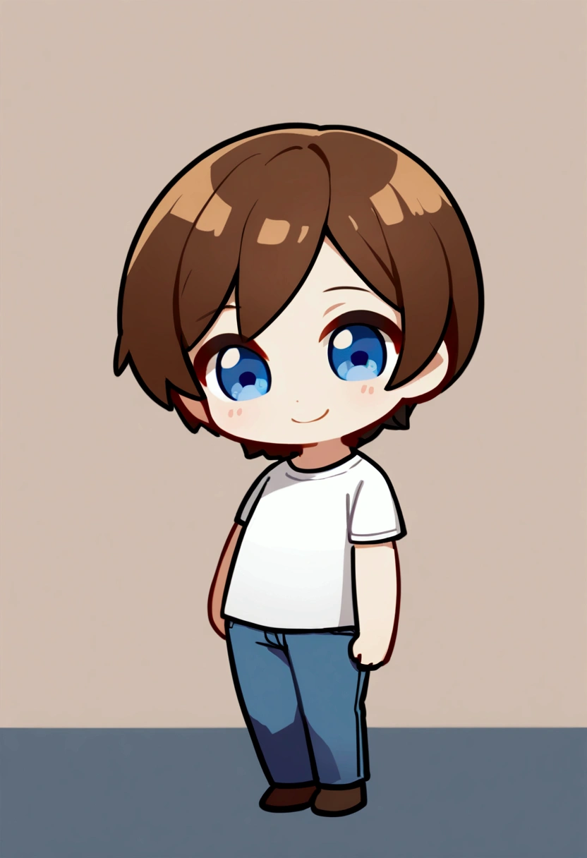 1man with short brown hair, blue eyes, tall, white t shirt, jeans, chibi style, smiling