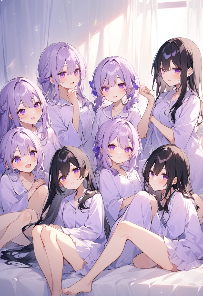 Keito。Purple pajamas。Purple Eyes。Black Hair。barefoot。7 Sisters。Both of them have light purple hair.。all female。Seven siblings。Purple bed