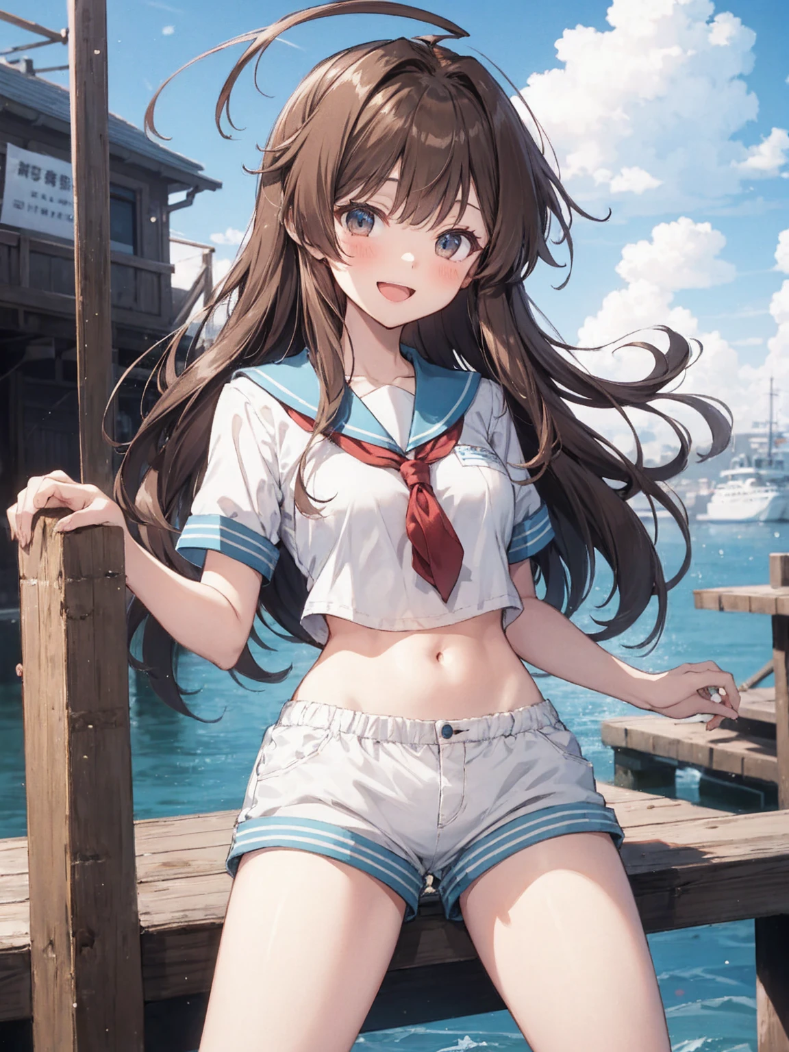 1young_teen_ girl,  brown_hair, long_hair, sailor_uniform,white_ baggy_shorts, short_sleeve, thighs, small_breasts, big_smile, open_mouth, standing, harbor_background, slightly_spread_legs, happiness, covered_crotch,ahoge,XD,exciting,dynamic_posing,solo,(navel:0.6)