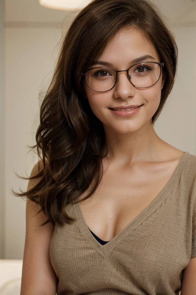 Elegant, short brown hair, glasses, chic, polished, intelligent, articulate, smiling, full color, real teen 18 years old, 4k, portrait shot close, Hair: Short brown
Accessories: Glasses
Style: Chic and polished
Expression: Intelligent and sophisticated