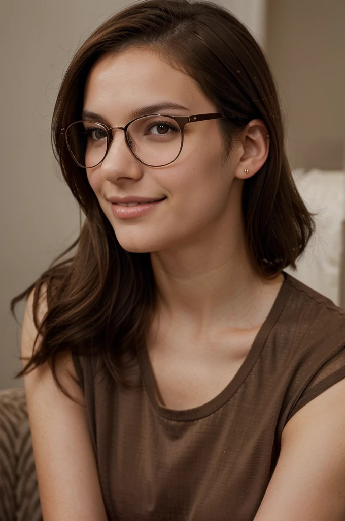 Elegant, short brown hair, glasses, chic, polished, intelligent, articulate, smiling, full color, real teen 18 years old, 4k, portrait shot close, Hair: Short brown
Accessories: Glasses
Style: Chic and polished
Expression: Intelligent and sophisticated