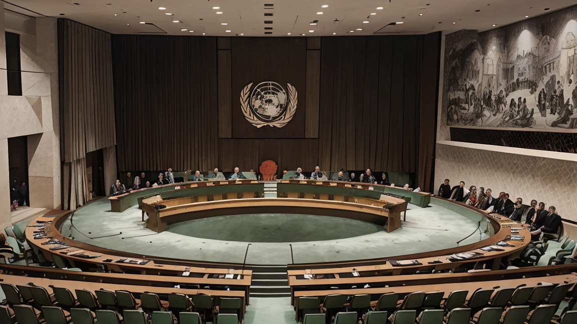 Cartoon style, United Nations Security Council in 1950, drawing with black lines and colored.